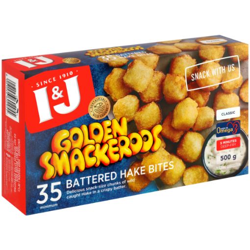 I&J GLDN SMACKEROOS BTRD HAKE BITES 500G
