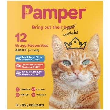 PAMPER CAT FOOD 12X85G F/CUTS M/PACK GRAVY