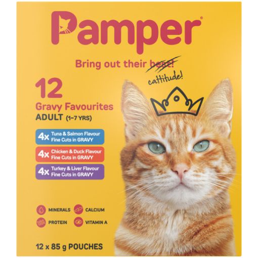 PAMPER CAT FOOD 12X85G F/CUTS M/PACK GRAVY