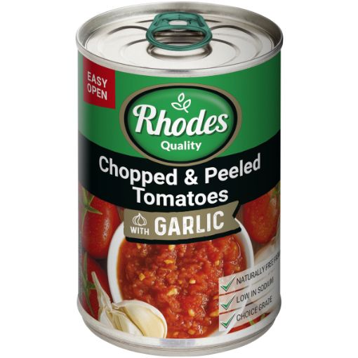 RHODES CHOPPED PEELED TOM W GARLIC 410G