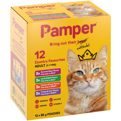 PAMPER CAT FOOD 12X85G F/CUTS COUNTY FAVOURITES